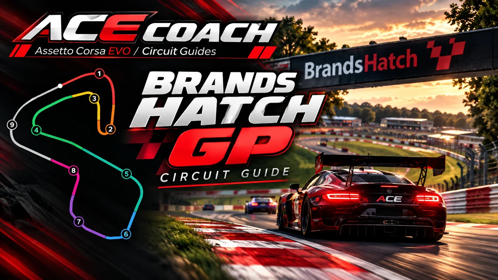 Pôster do guia da pista de Brands Hatch GP do ACE Coach: o mapa da pista dividido em nove microssetores coloridos e um carro GT3 ao pôr do sol